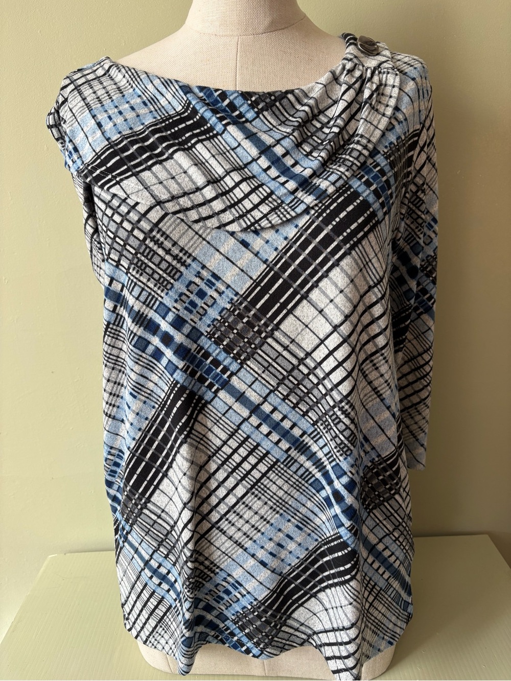 Classic edition Asymmetrical Draped Neck Plaid Tunic Blue/Black White Sz S